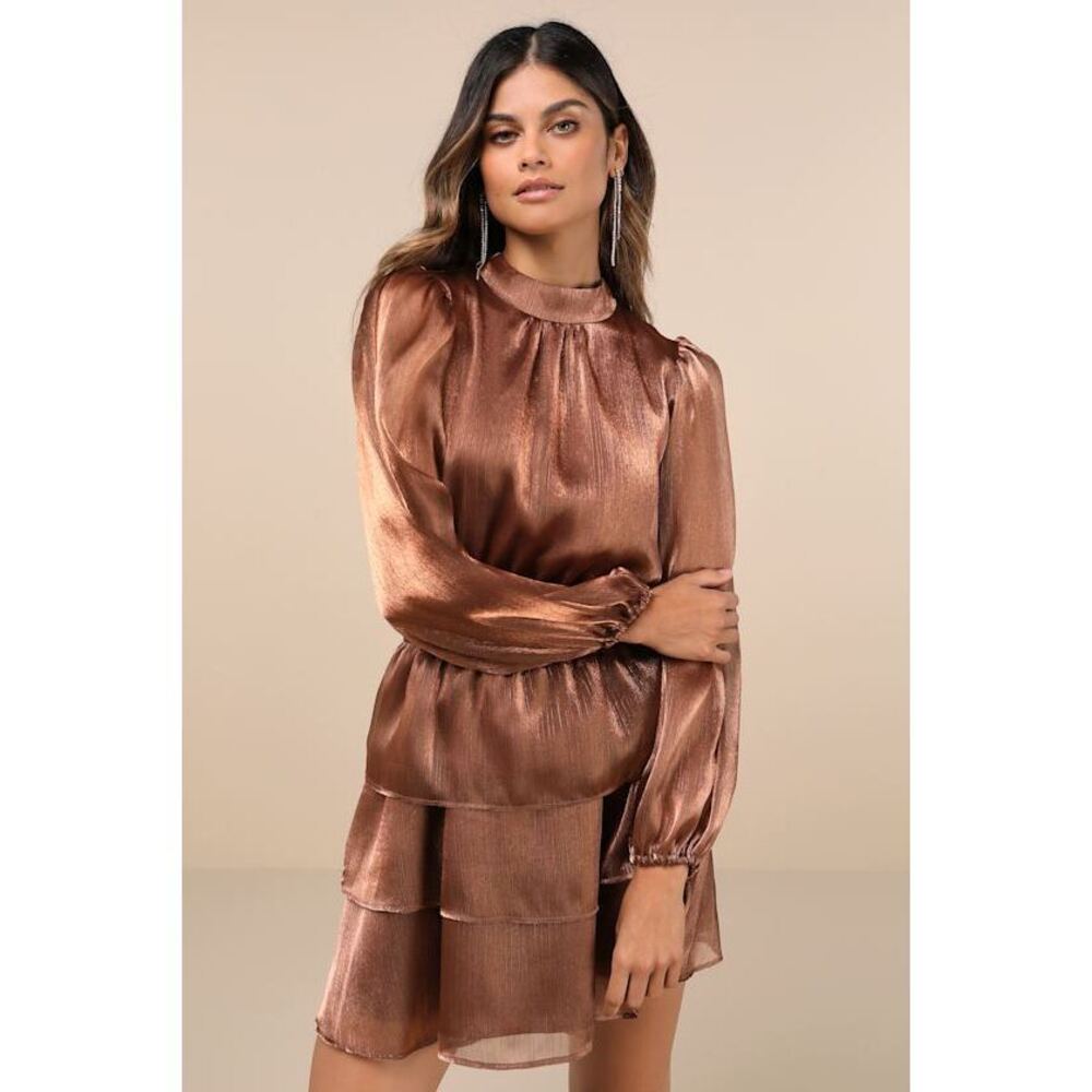 Lulus Ideal Behavior Bronze Metallic Backless Tiered Mini Dress Brown - Size S